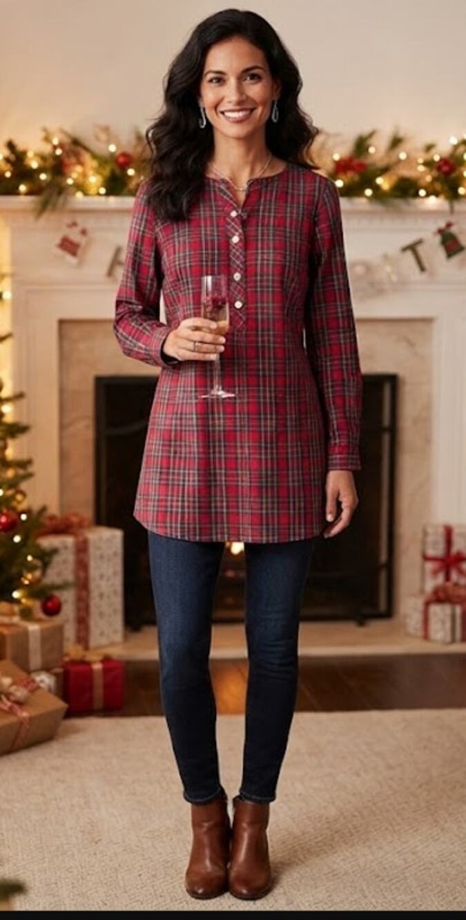 Talbots Red Tartan Plaid Jewel Button Long Sleeve Pullover Tunic Top Size XS